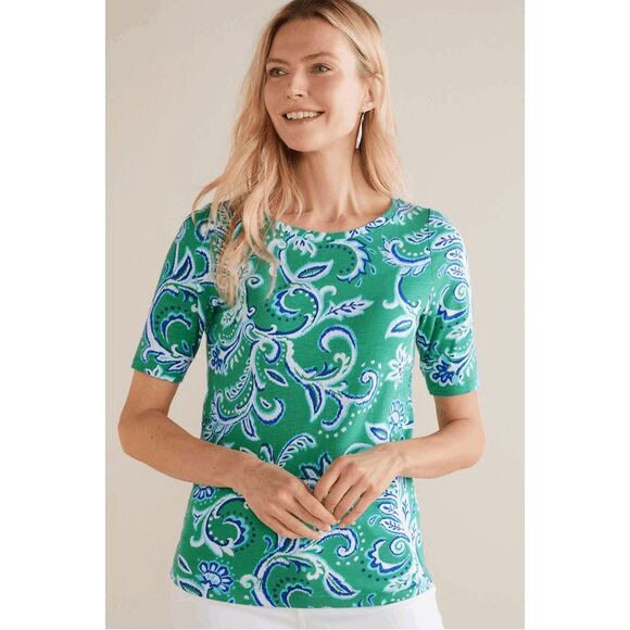 Soft Surroundings Tops - Soft Surroundings $79 Ikat Paisley Tee Green Supima Slub Elbow Sleeve Top L NEW